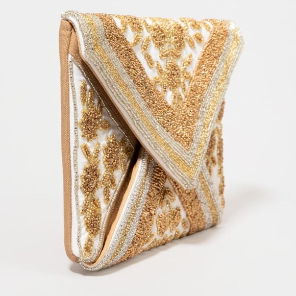 Golden Floral Gatsby Clutch Purse Gold Silver Sparkle Glass Seed Beaded w/Chain - Picture 3 of 4